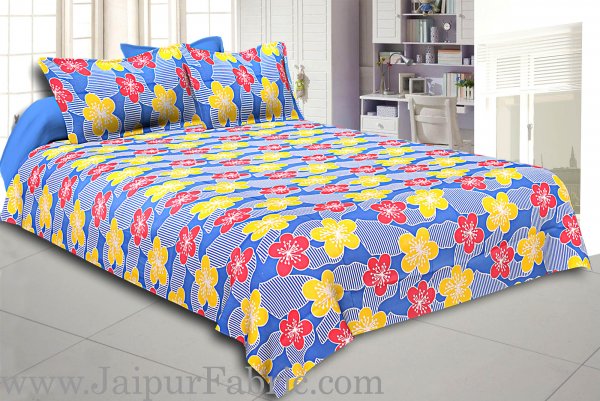 Blue Base Yellow and Red Flower Double Bed Sheet