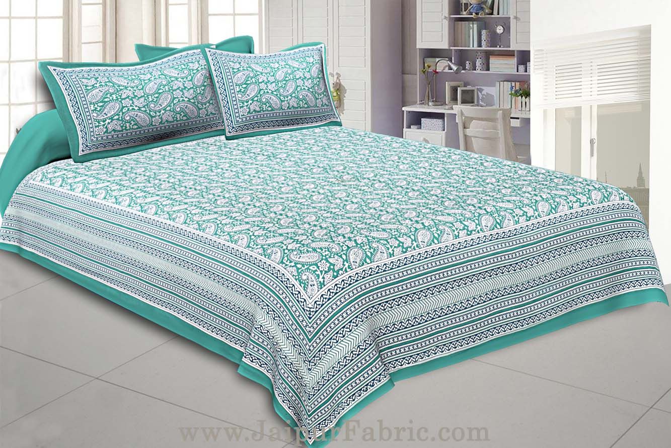 Wholesale Paisley Double Bedsheet Green border in super fine cotton with 2 Pillow CoversÂ taxable