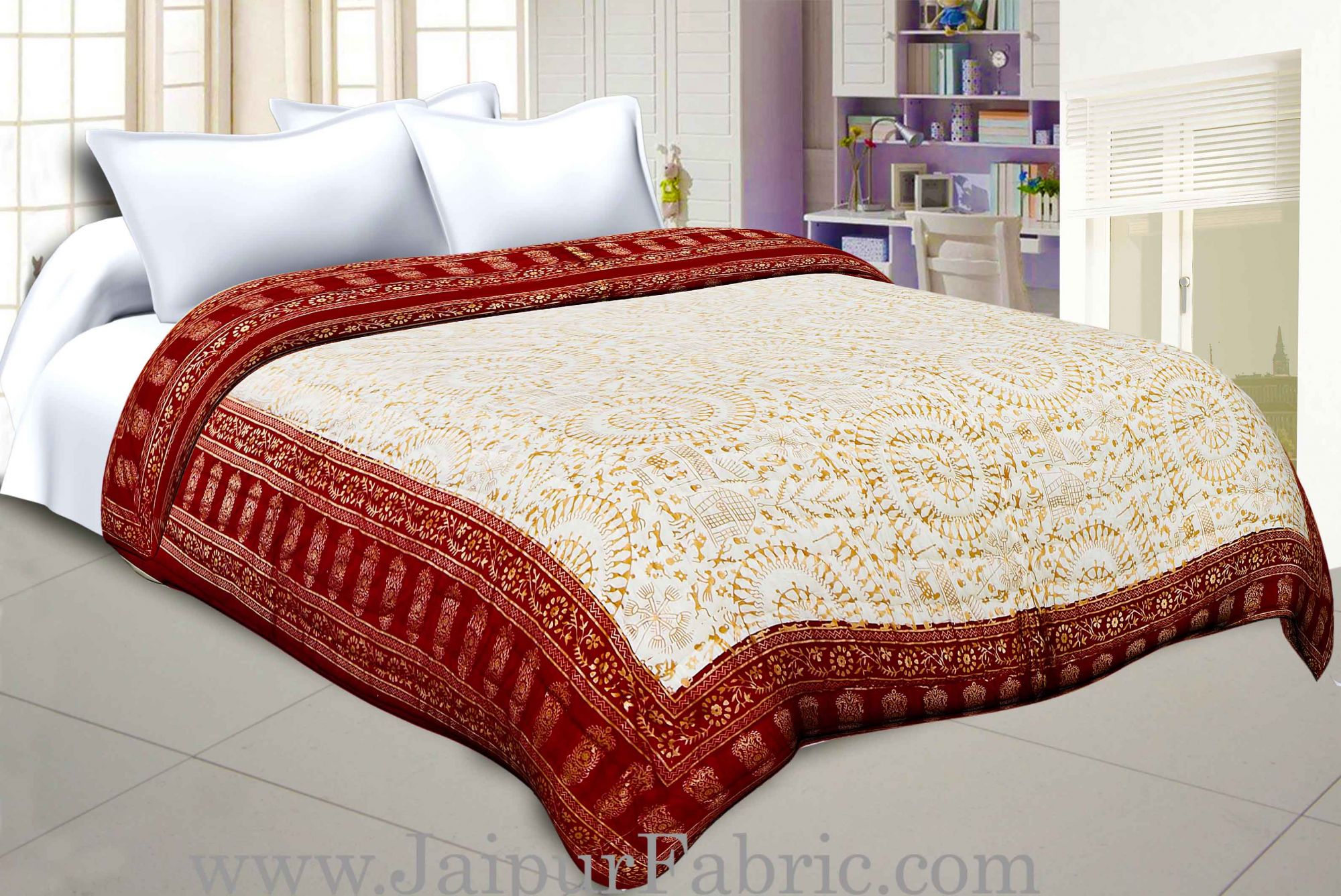 Maroon Border Cream Base  With Golden Print Figure Print Super Fine Cotton Voile(Mulmul) Both Side Printed Cotton Double Bed Quilt