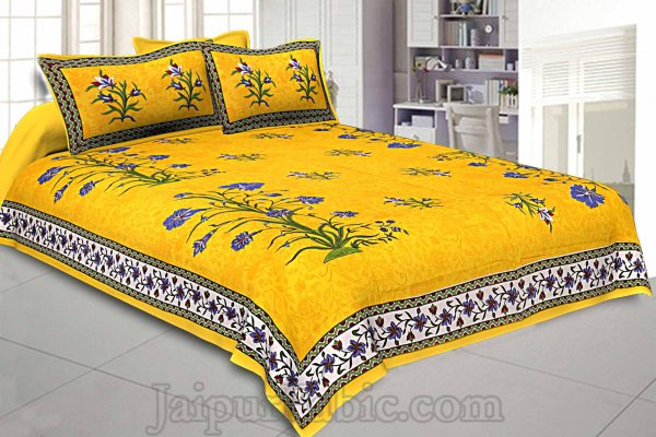 Yellow Border Tree Print Yellow Base Cotton Double  Bedsheet