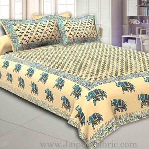 Light Cream Base Satrangi Gold Print With Elephant Super Fine Cotton Double Bedsheet