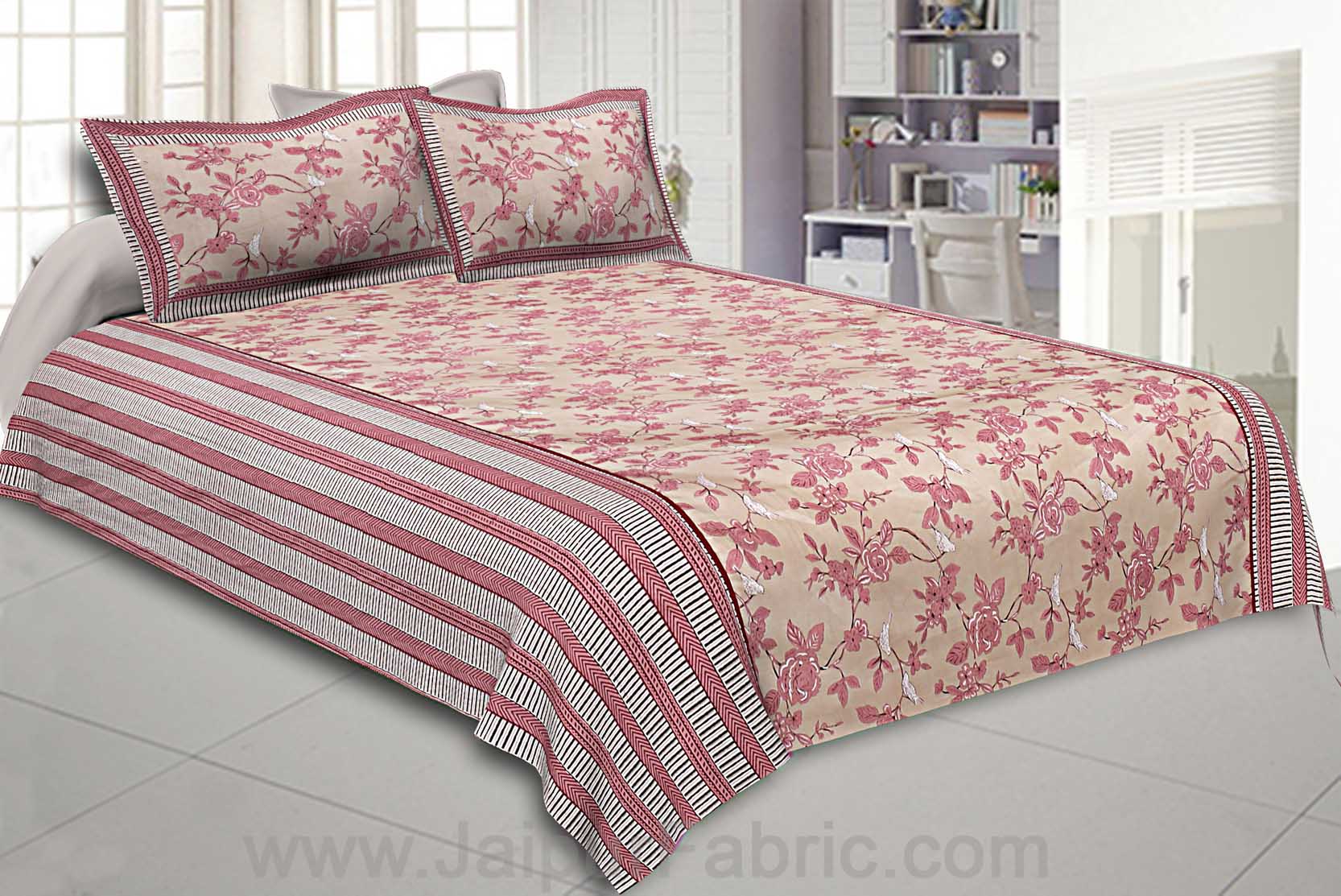 Double Bedsheet Floral Dusty Brown With White Sparrow