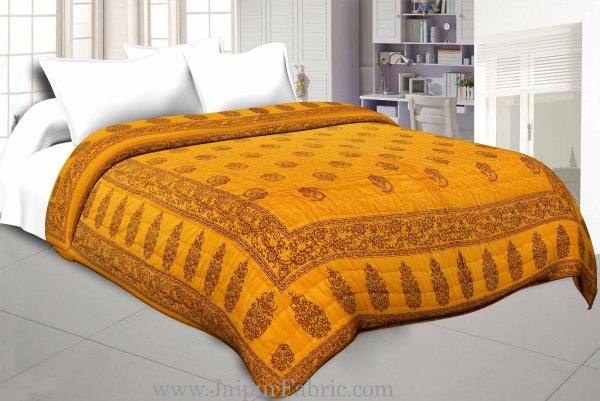 Yellow Border with Yellow Base  Long Boota Print Both Side Printed Cotton Double Quilt