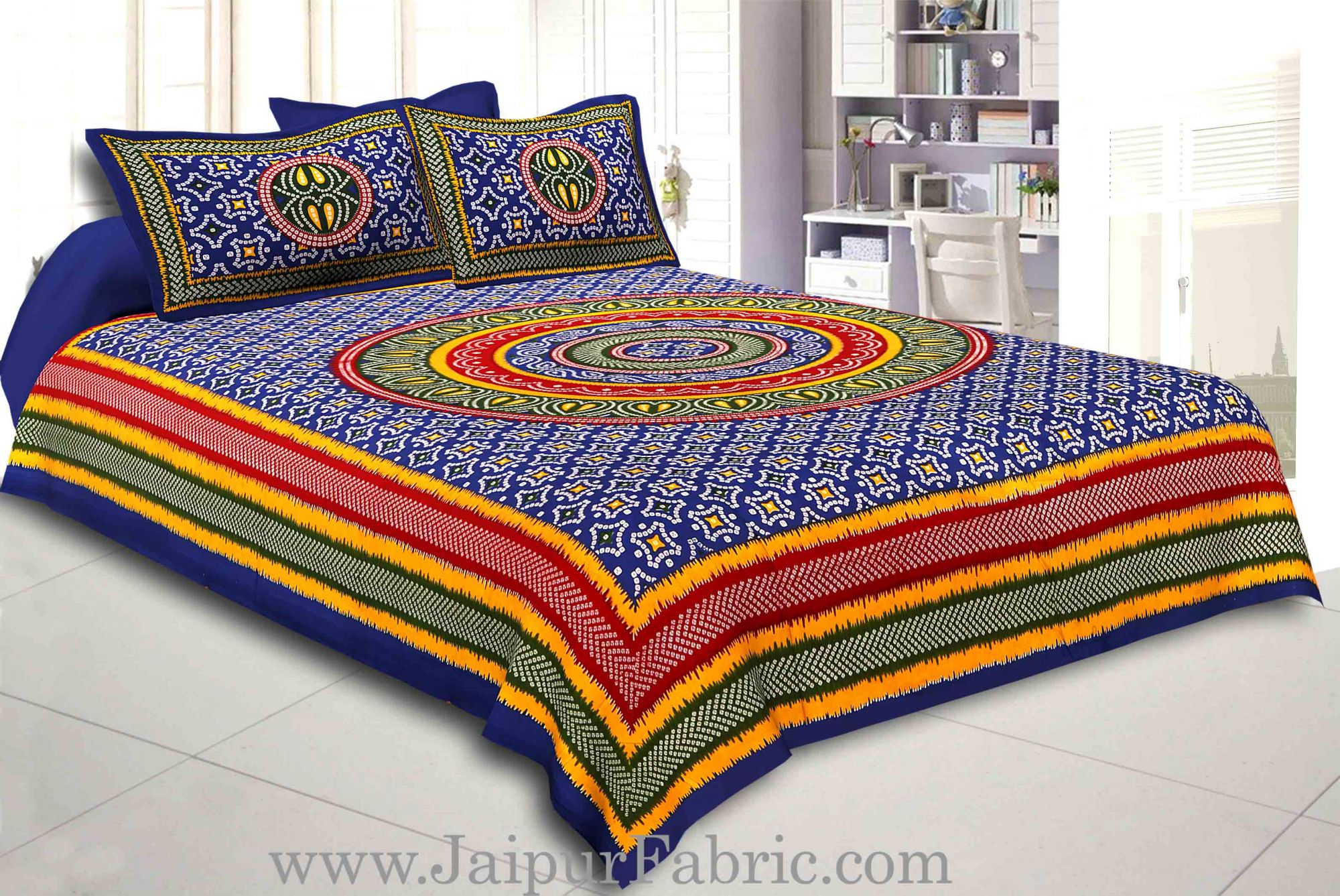 Blue Border Bandhej and Rangoli Print Cotton Double Bed Sheet With Two Pillow Cover