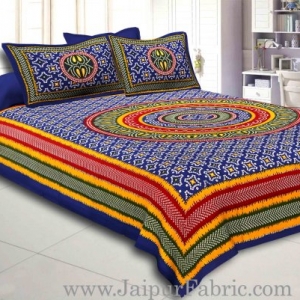 Blue Border Bandhej and Rangoli Print Cotton Double Bed Sheet With Two Pillow Cover