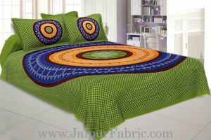 Wholesale Double Bedsheet Green Base With Round Shape Bandhej Print