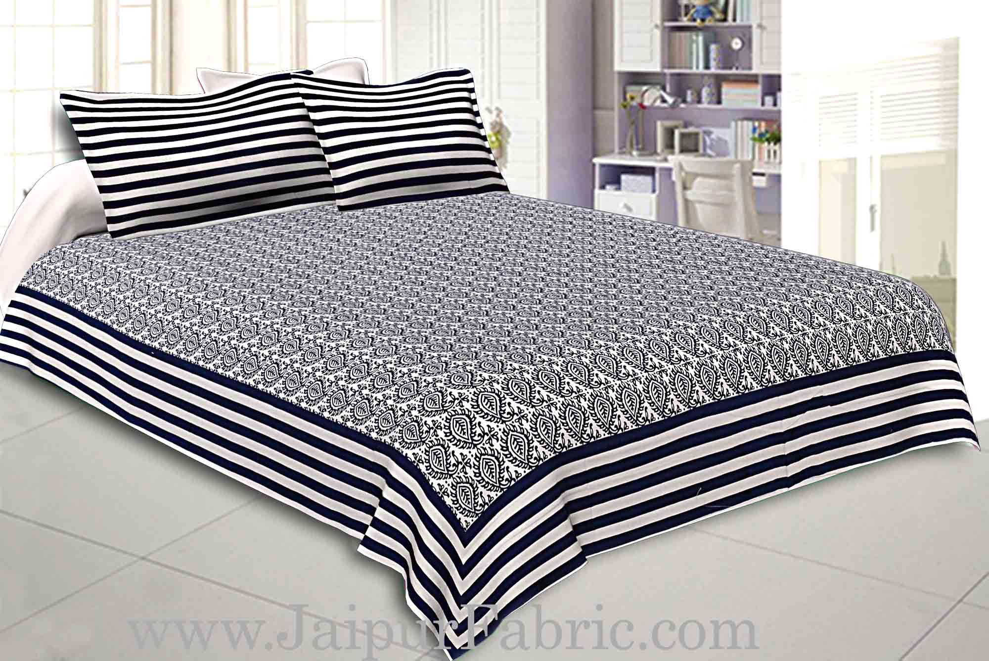 Double Bedsheet White And Dark Blue  Border  Fine Cotton  Booti Print