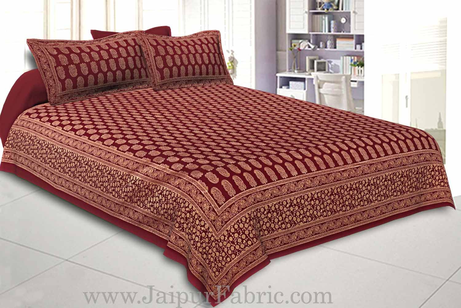 Double Bed Sheet With Shining Gold Print Maroon Base Gold Kerry Pattern Super Fine Cotton