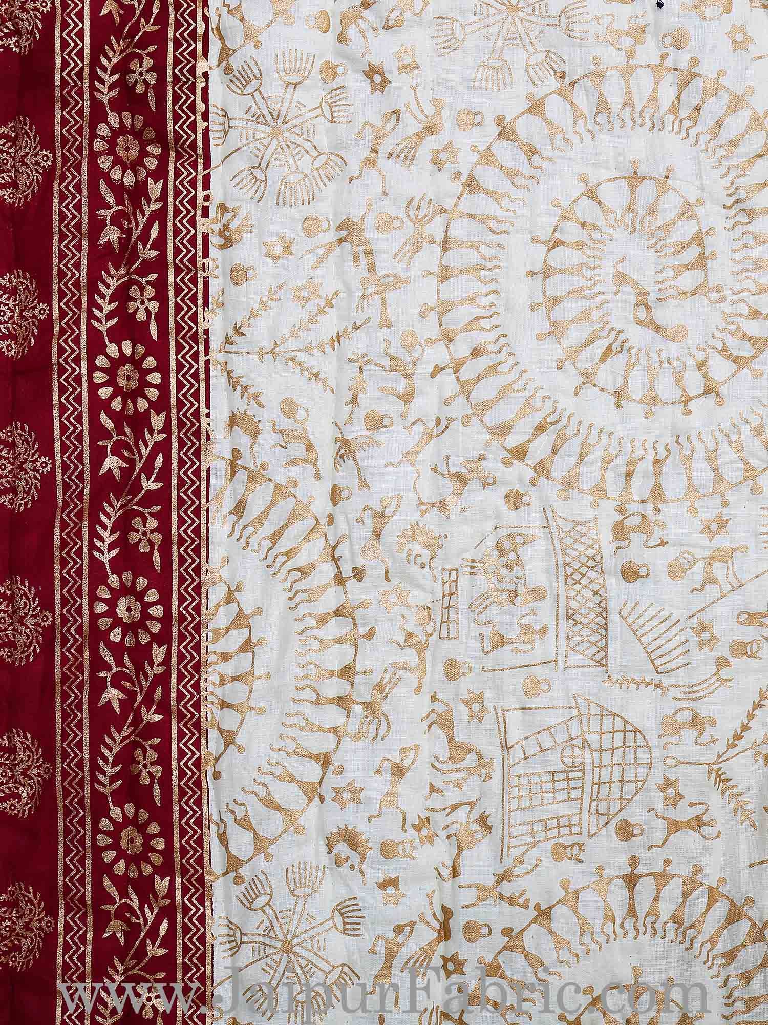 Maroon Border Cream Base  With Golden Print Figure Print Super Fine Cotton Voile(Mulmul) Both Side Printed Cotton Double Bed Quilt