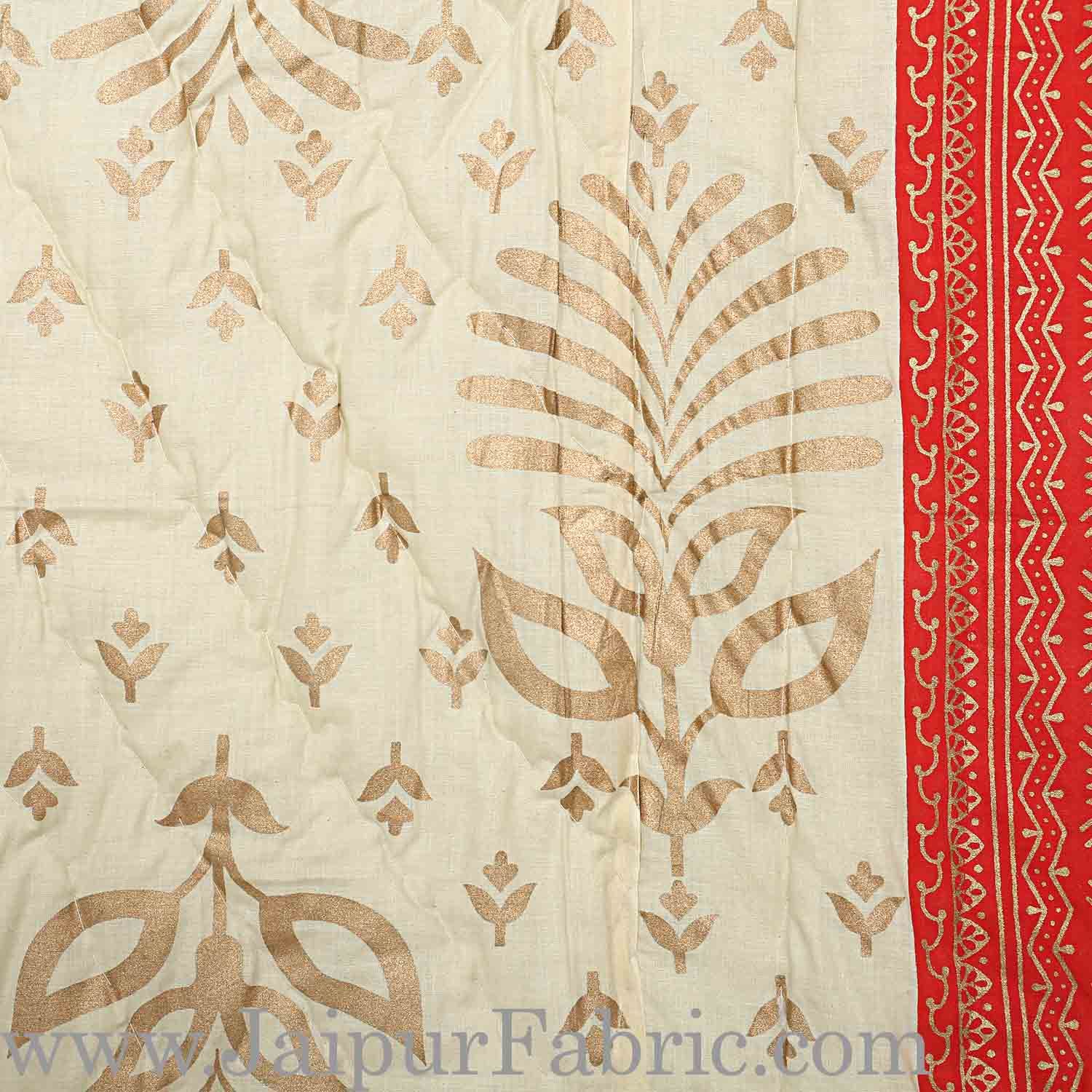 Jaipuri Single Razai with Red  Leaf pattern Golden Print