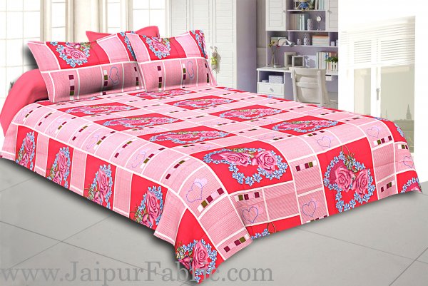 Pink Stripes Floral Print Double Bed Sheet