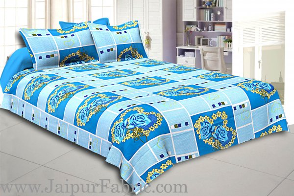 Blue Stripes Floral Print Double Bed Sheet