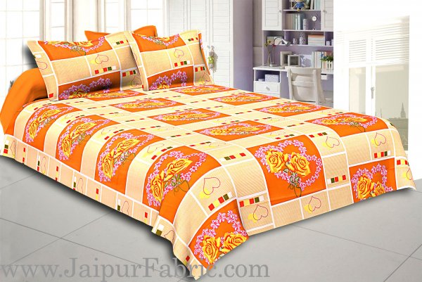 Orange Stripes Floral Print Double Bed Sheet