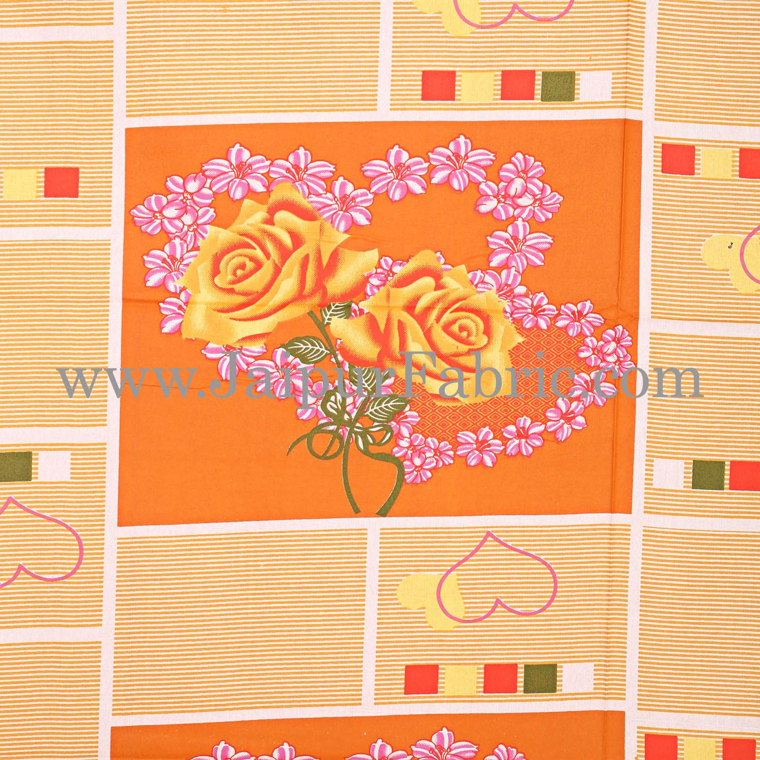 Orange Stripes Floral Print Double Bed Sheet