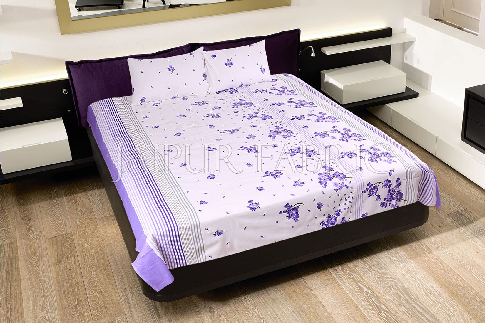 Purple and Black Stripes Floral Print Cotton Double Bed Sheet