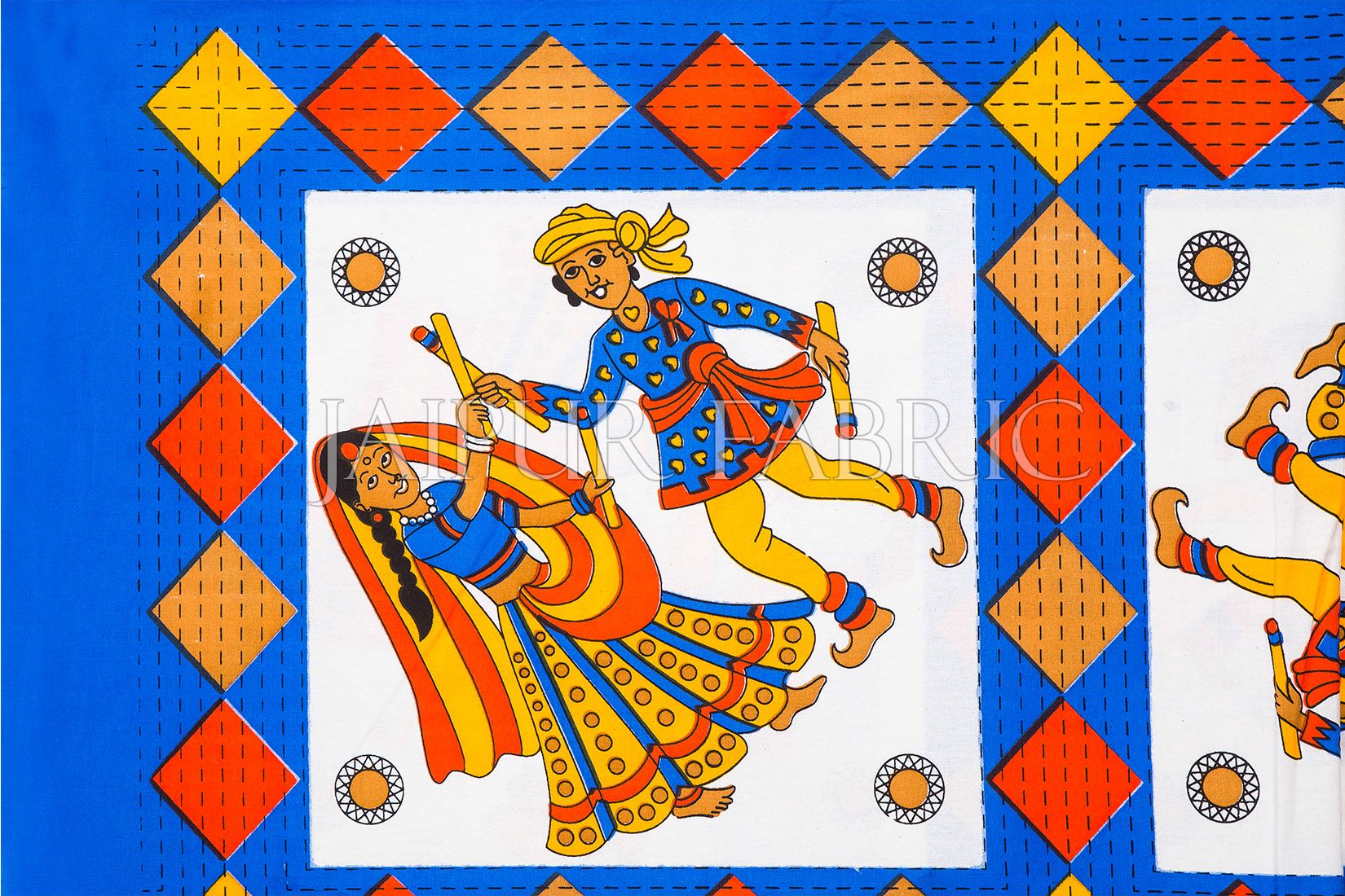 Blue Base Jaipuri Folk Dance Cotton Double Bed Sheet