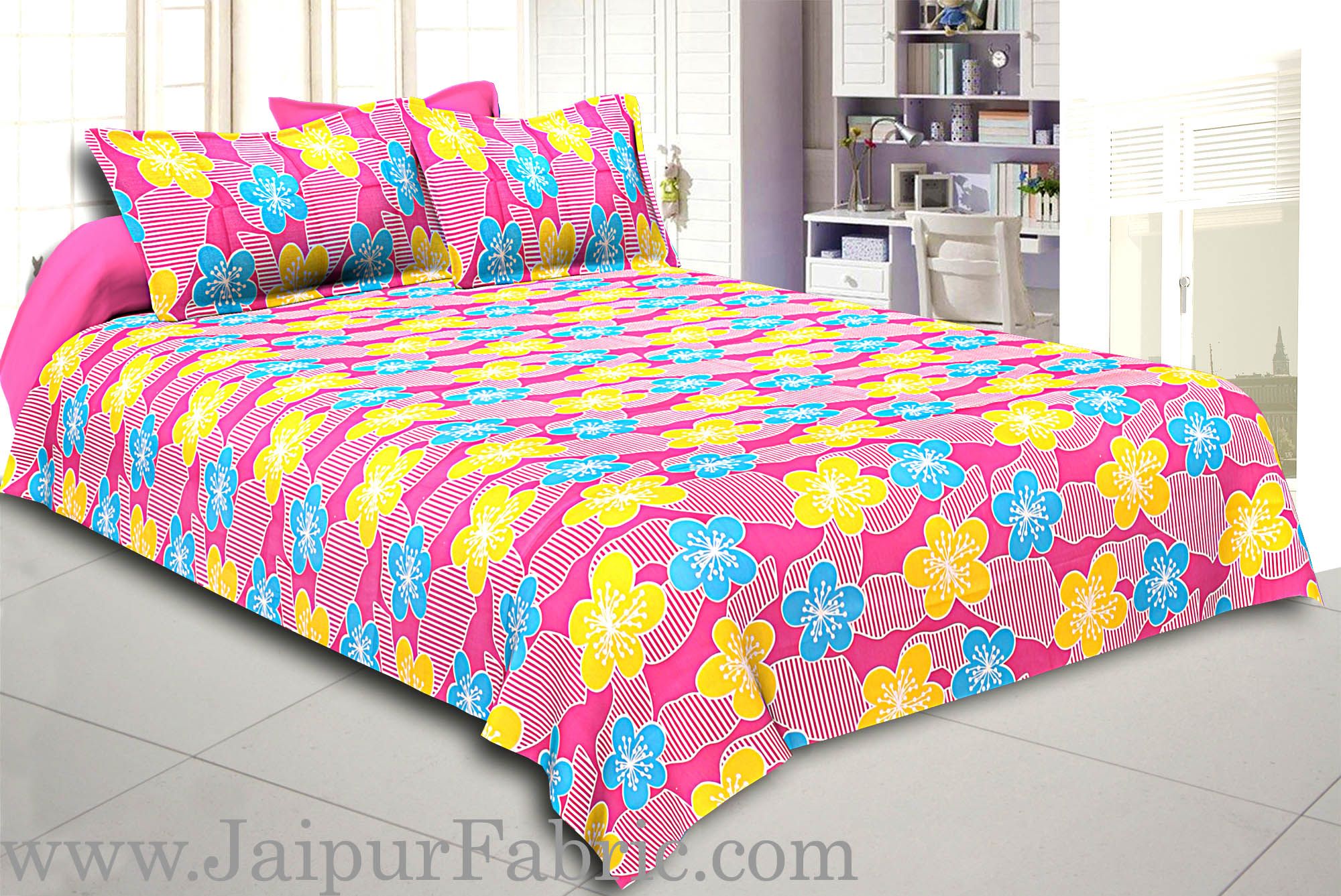 Pink Base Yellow and Blue Flower Double Bed Sheet