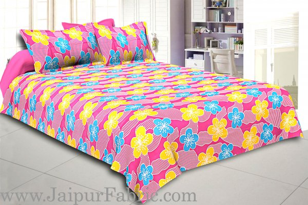 Pink Base Yellow and Blue Flower Double Bed Sheet