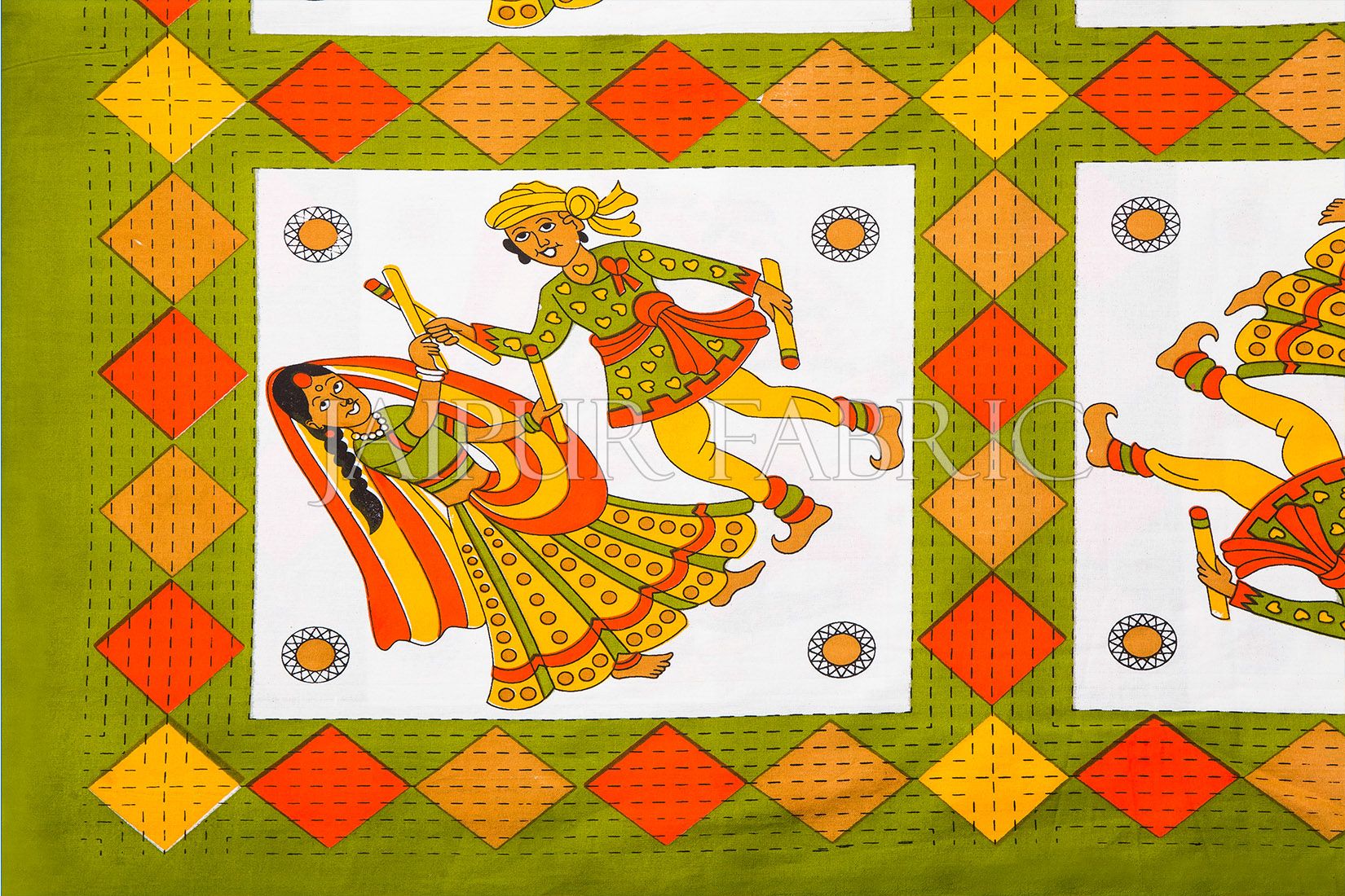Green Base Jaipuri Folk Dance Cotton Double Bed Sheet
