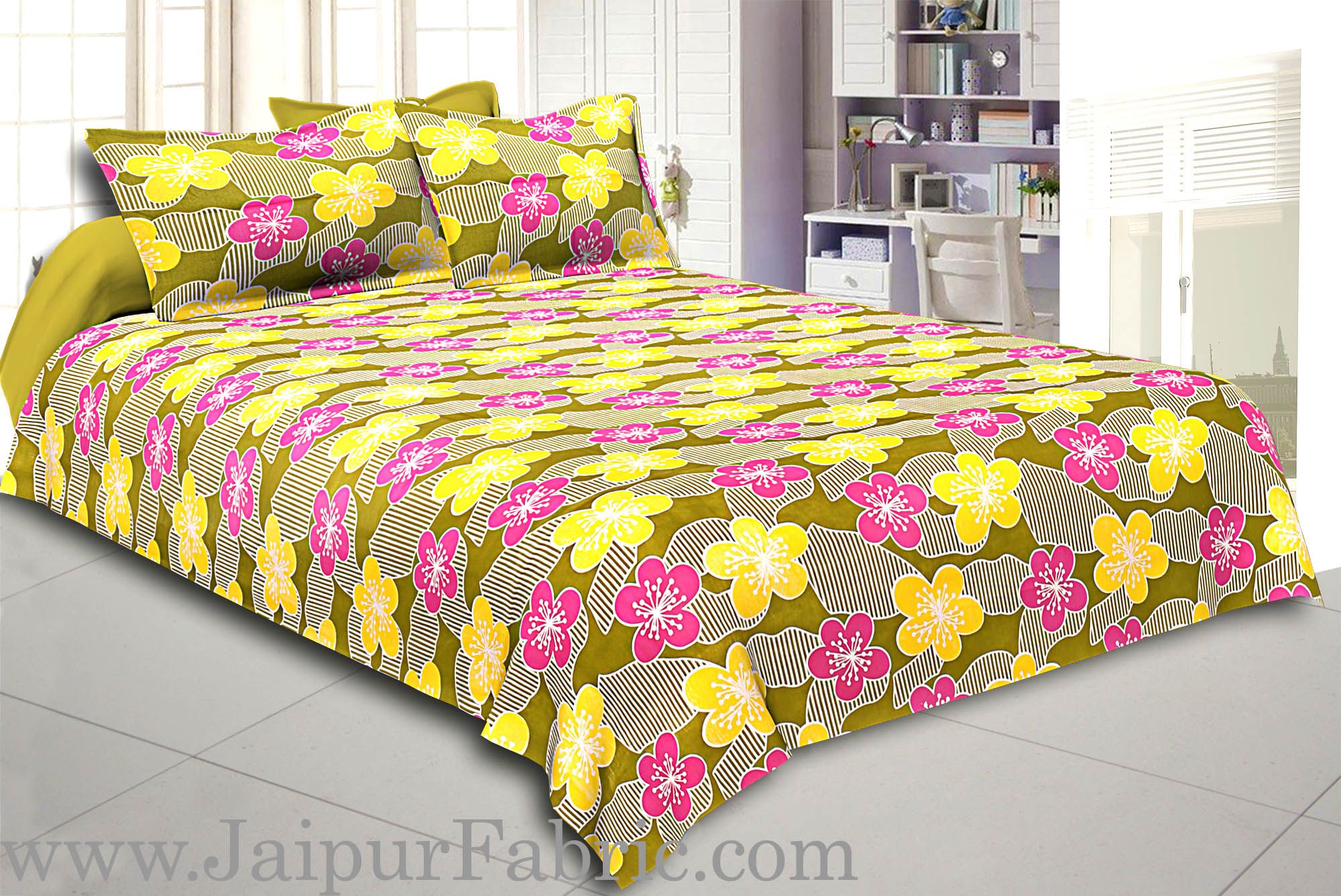 Green Base Yellow and Pink Flower Double Bed Sheet