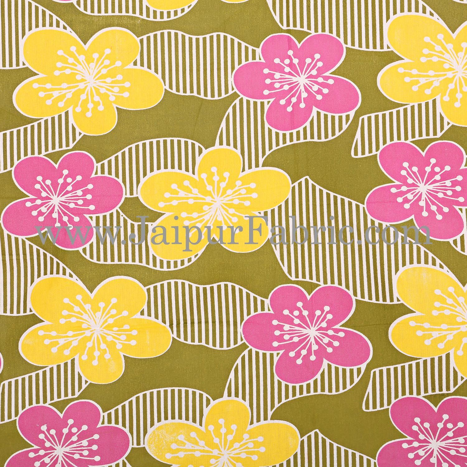 Green Base Yellow and Pink Flower Double Bed Sheet