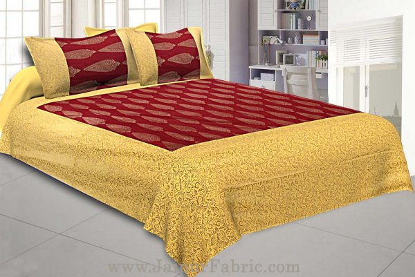 Patola BedSheet in Royal Maroon Base Cream Border Gold Print Kerry Pattern Super Fine Cotton with 2 pillow covers