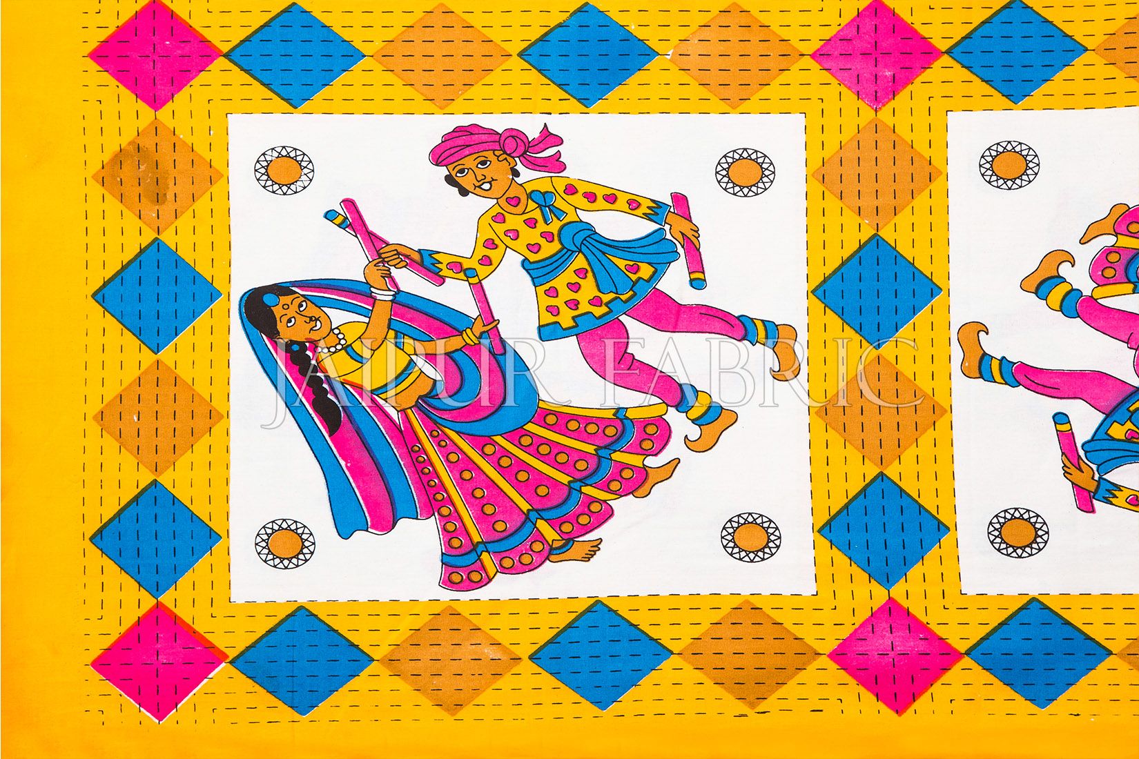 Yellow Base Jaipuri Folk Dance Cotton Double Bed Sheet
