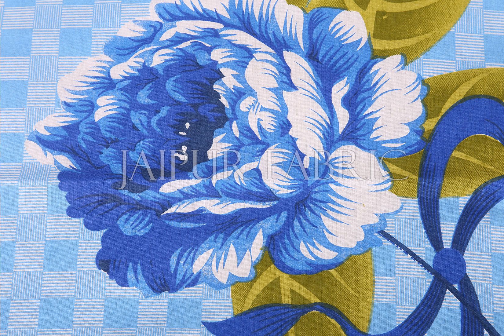Blue Square Base with Flower Print Cotton Double Bed Sheet