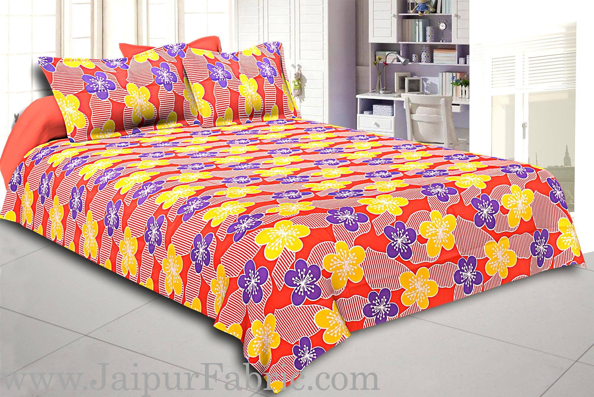 Peach Base Yellow and Purple Flower Double Bed Sheet