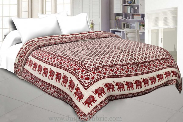 Maroon Border Cream Base With Elephant And Small Booty  Print Both Side  Printed Cotton Double Quilt