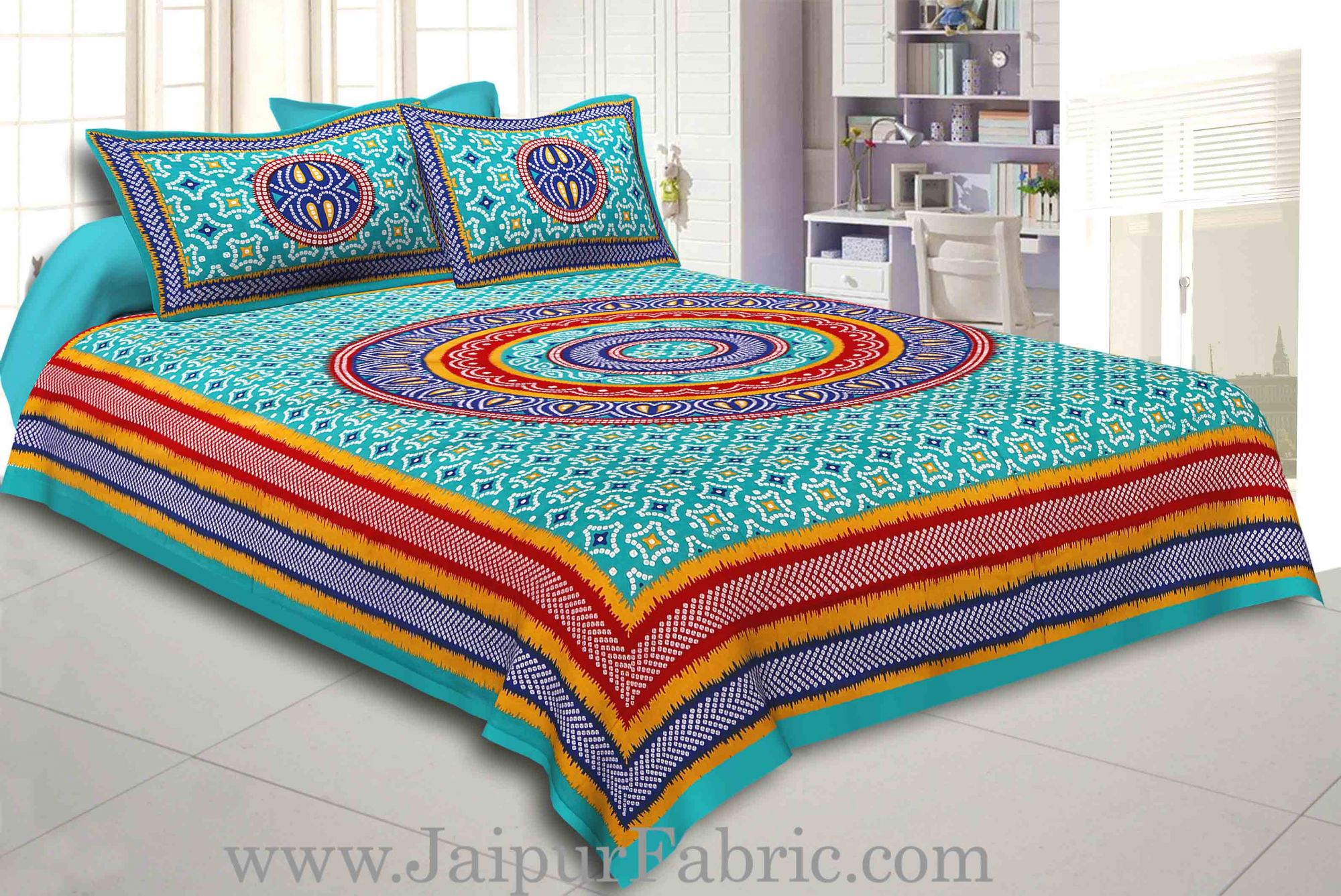 Sea Green Border Bandhej and Rangoli Print Cotton Double Bed Sheet With Two Pillow Cover