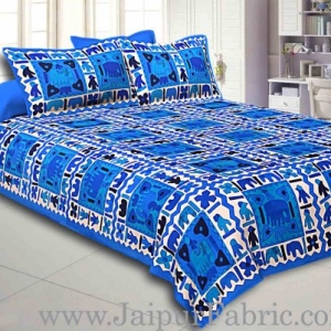 Blue Border Blue Base Check With Hathi And Paan Print Coton Double Bedsheet