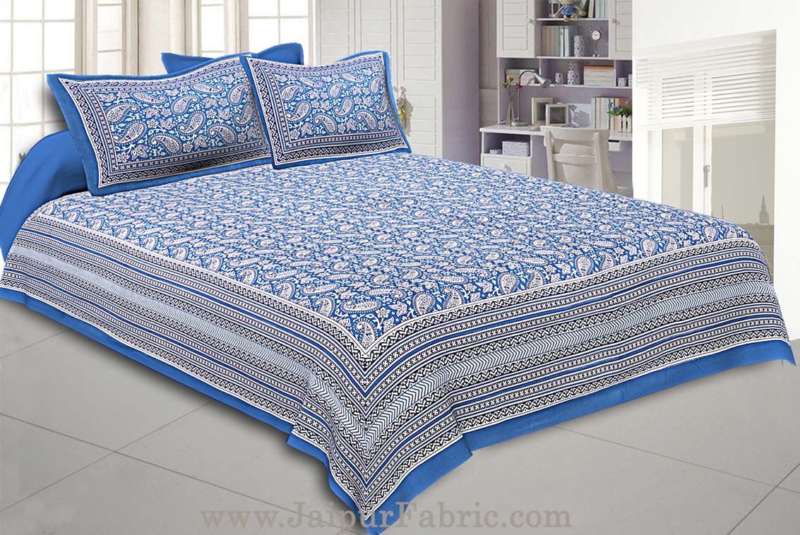 Paisley Double Bedsheet Blue border in super fine cotton with 2 Pillow Covers
