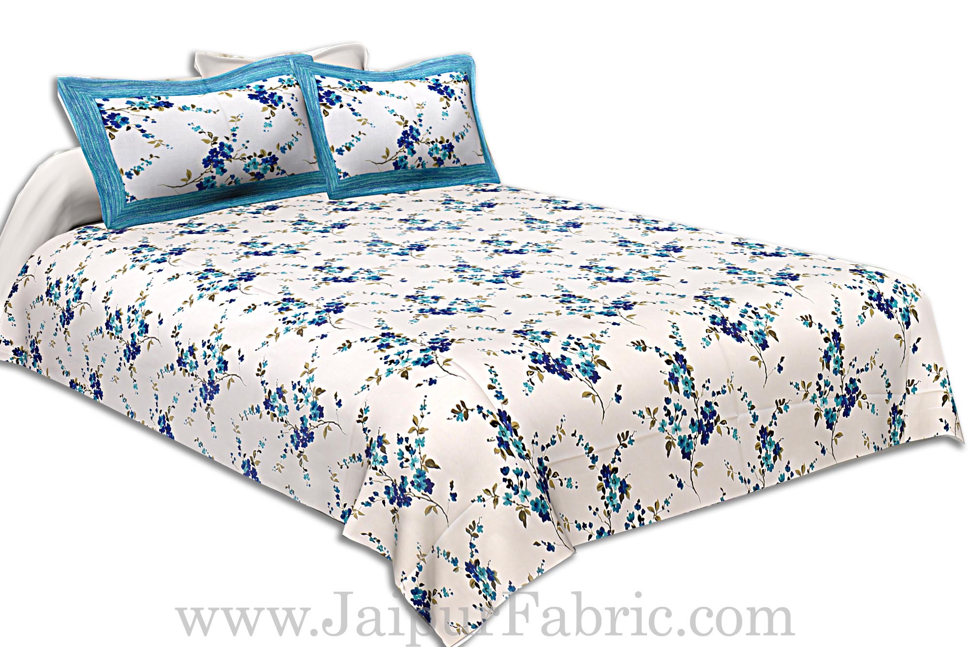 COMBO61 Blue Floral Design 1 Cotton Double Bedsheet + 1 Dohar Combo