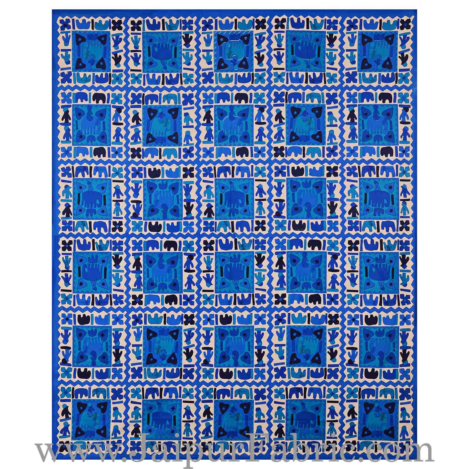 Blue Border Blue Base Check With Hathi And Paan Print Coton Double Bedsheet