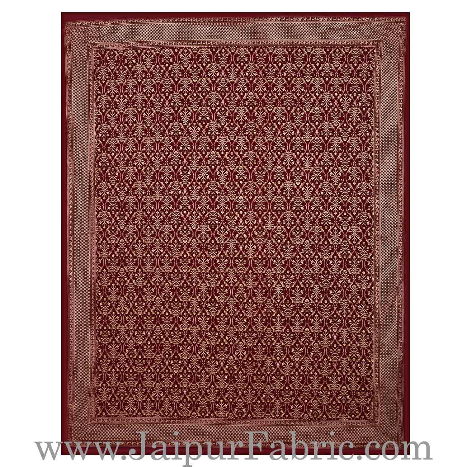 Double Bed Sheet  With Shining Gold Print Maroon Base Gold Retro Pattern Super Fine Cotton  Double Bed Sheet
