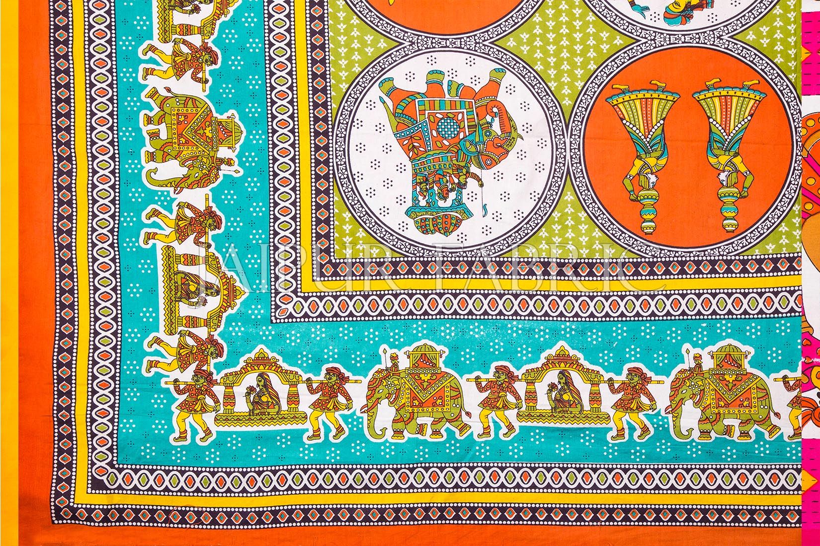 Orange Border Jaipri Fat Wedding Print Cotton Double Bed Sheet