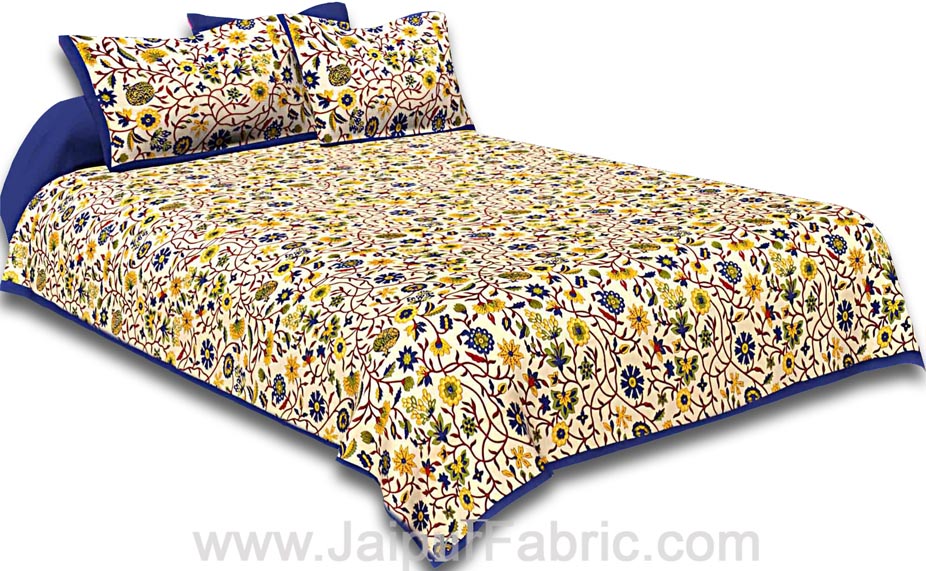 Double bedsheet with Blue  Border Branch of   Pomegranate With Two Pillow Cover
