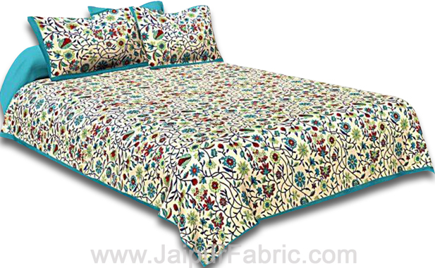 Double Bedsheet With Sea Green Branch Of Pomegranate With Two Pillow Cover