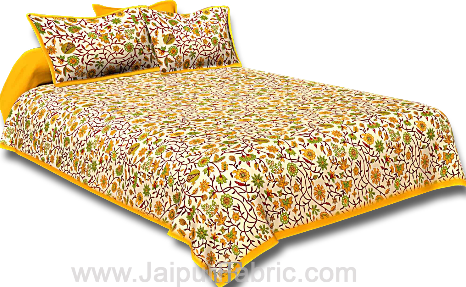 Double Bedsheet With Yellow Branch Of Pomegranate With Two Pillow Cover
