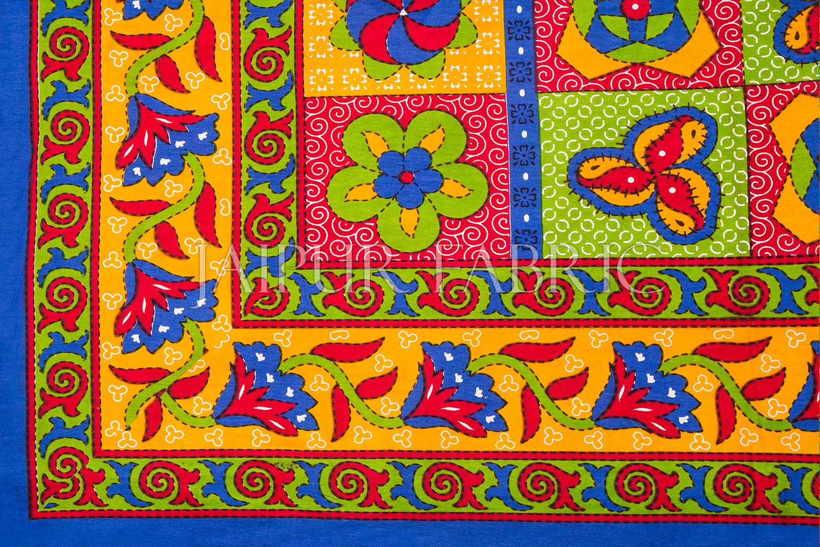 Blue Border Rangoli Print Multi Color Cotton Double Bed Sheet