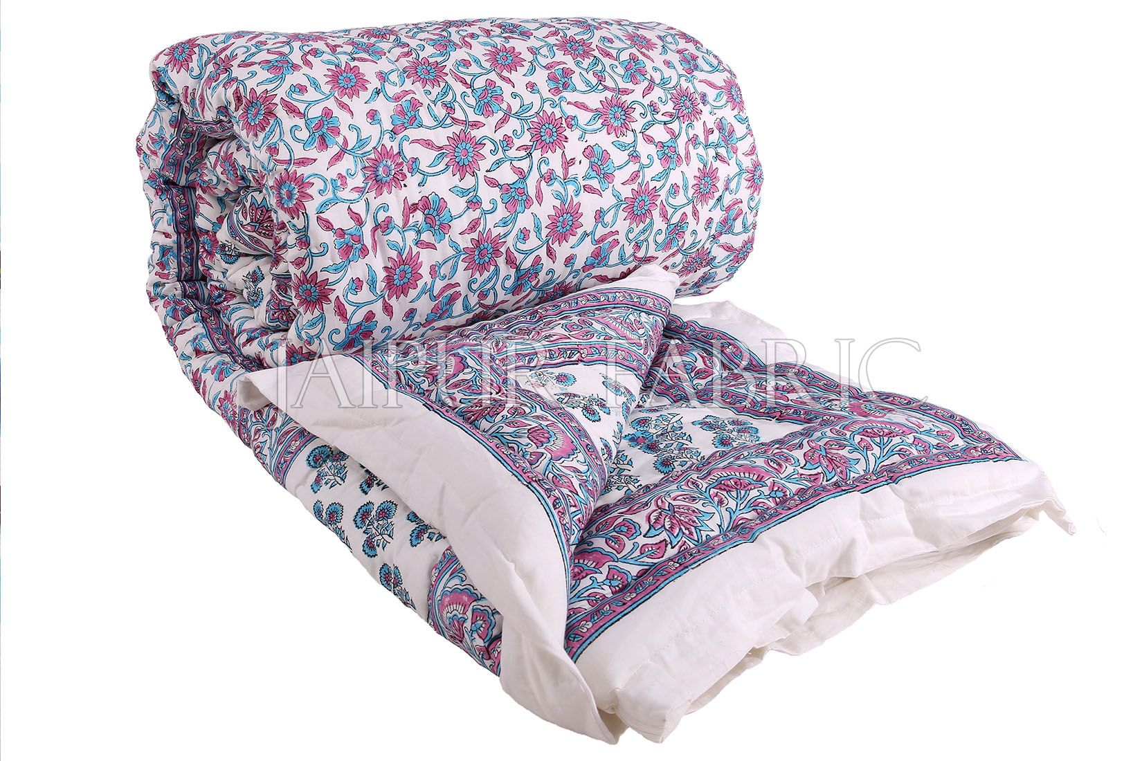White Base Purple Blue Floral Print Cotton Double Bed Quilt
