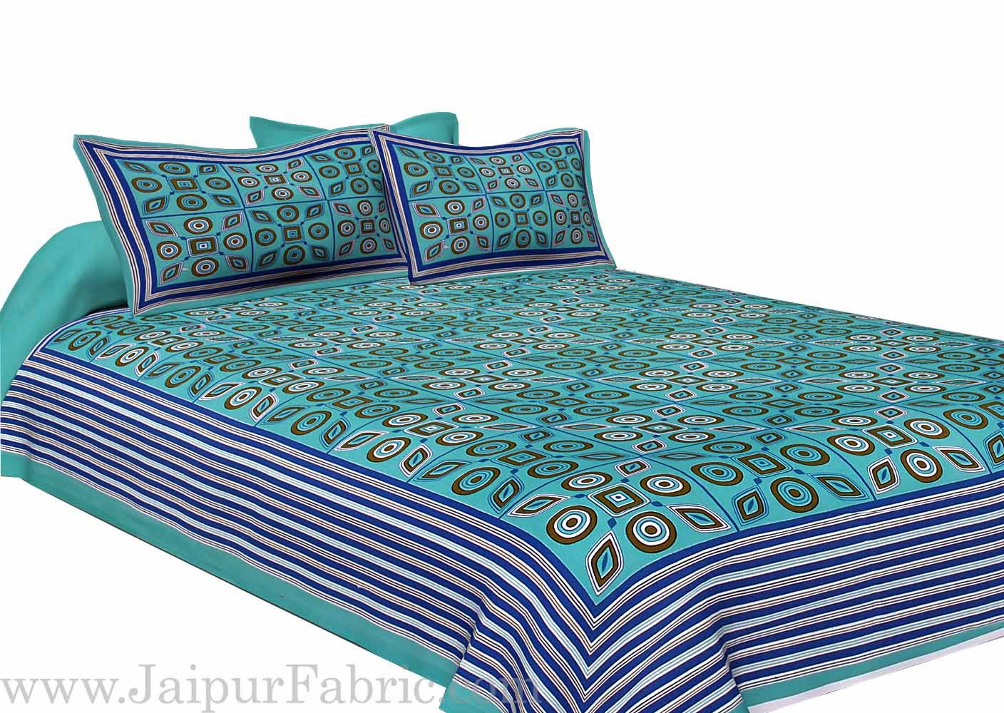 Blue Border Blue Base Multi Shape Pattern Screen Print Cotton Double Bed Sheet