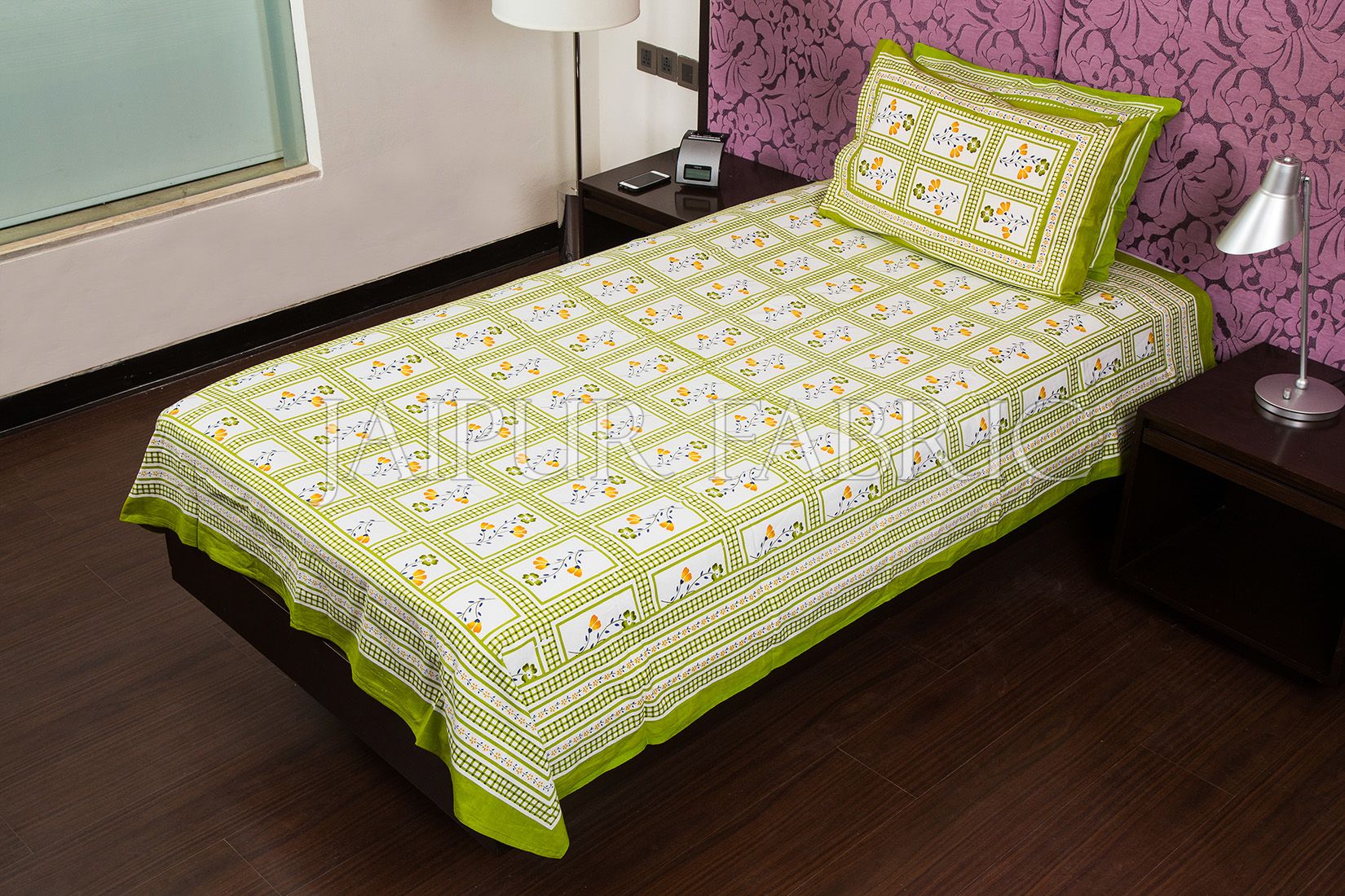 Green Color White Base Floral Print  Single Bed Sheet