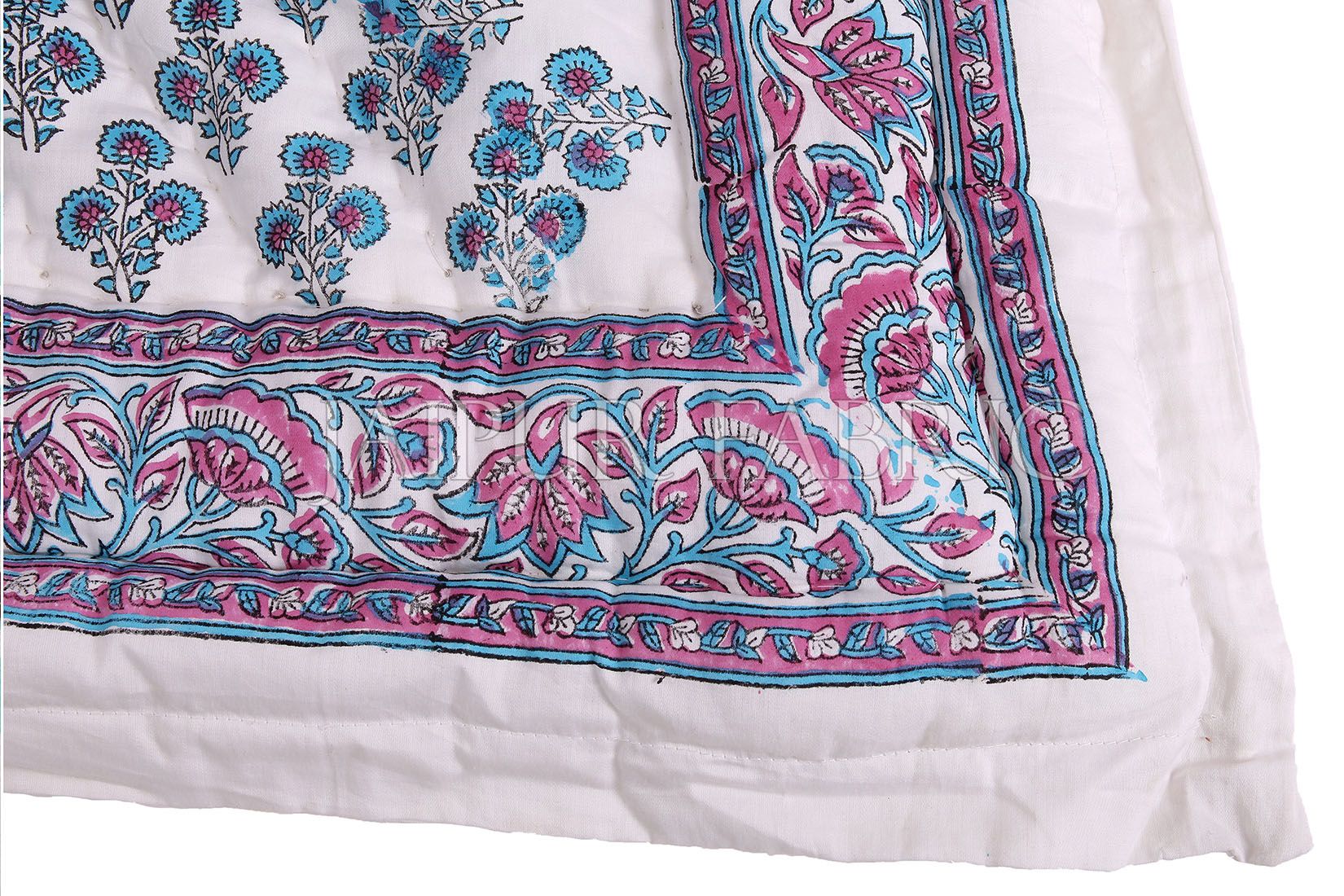 White Base Purple Blue Floral Print Cotton Double Bed Quilt