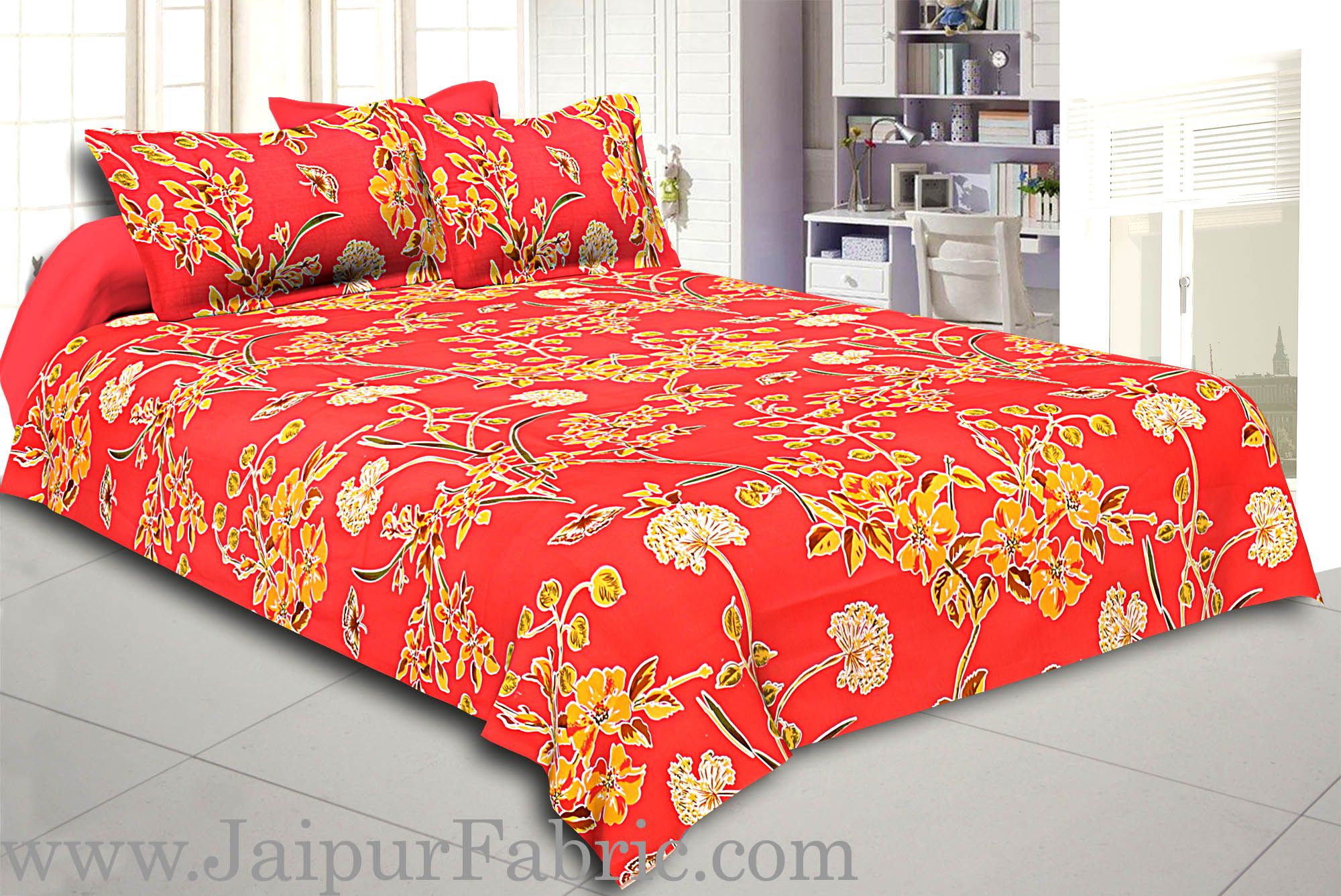 Peach Base Tropical Butterfly Design Double Bed Sheet