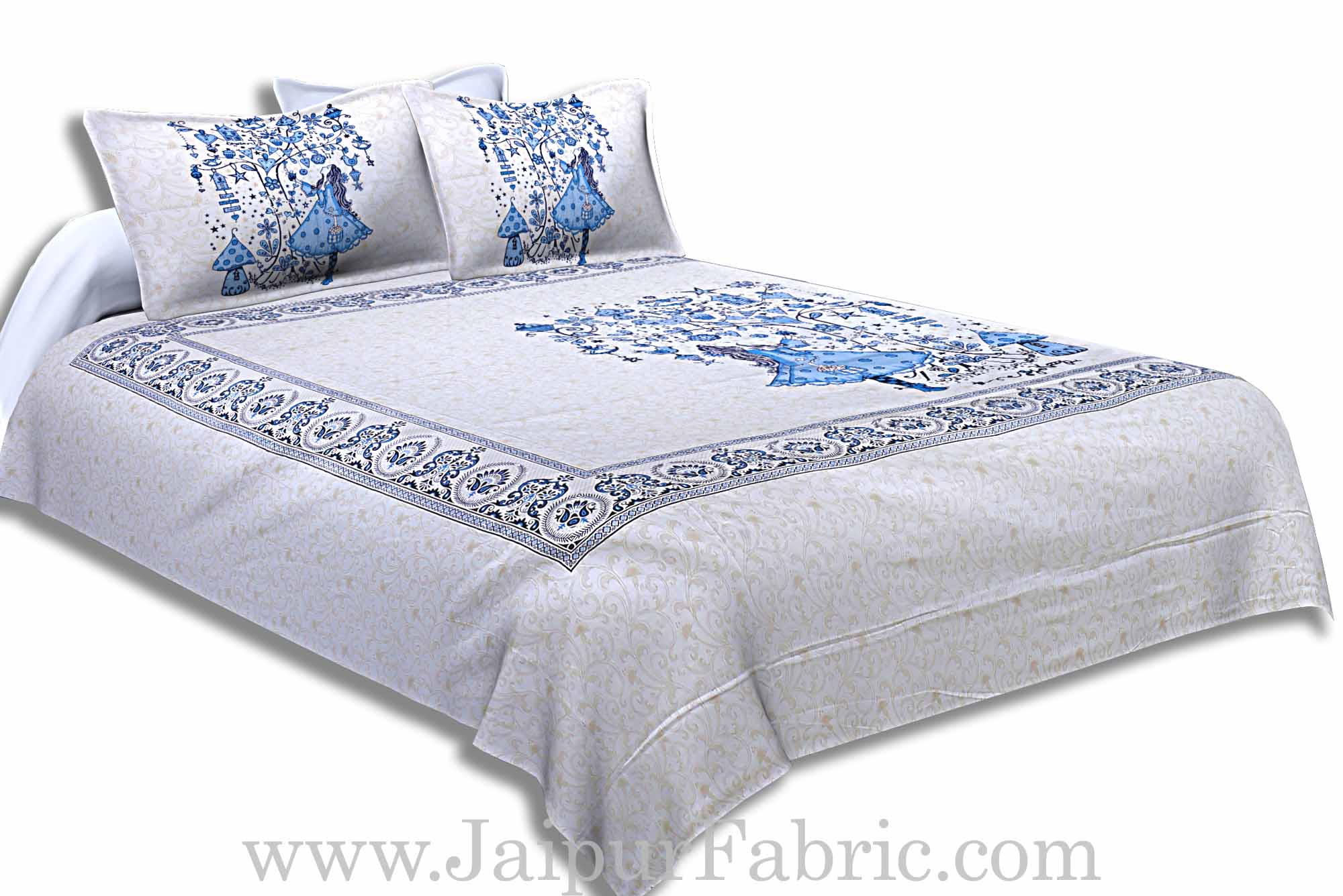 Twill Cotton Double Bedsheet Sky Blue Fir Tree Pattern
