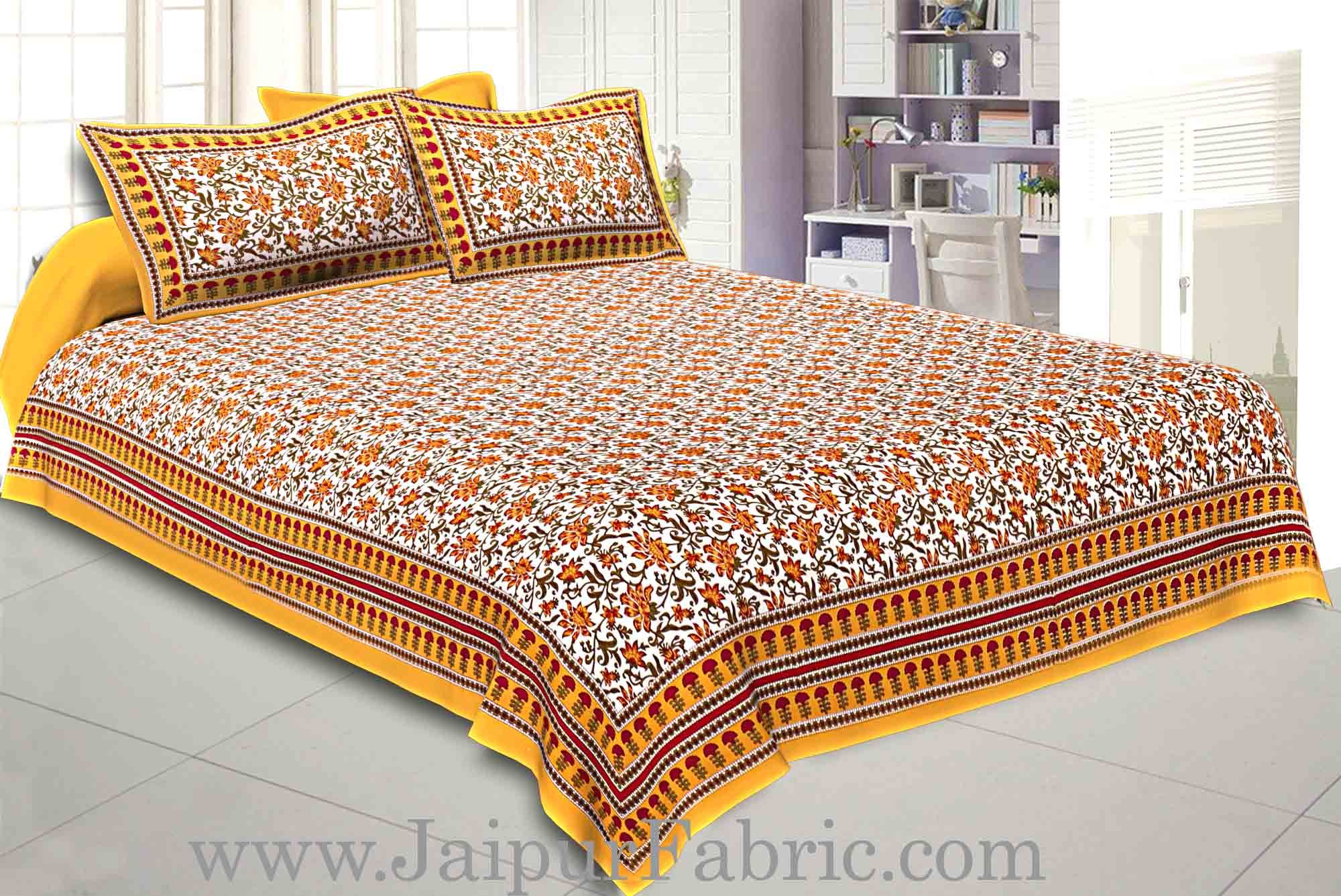 Double Bedsheet Yellow Border Bell Print With Two Pillow Cover