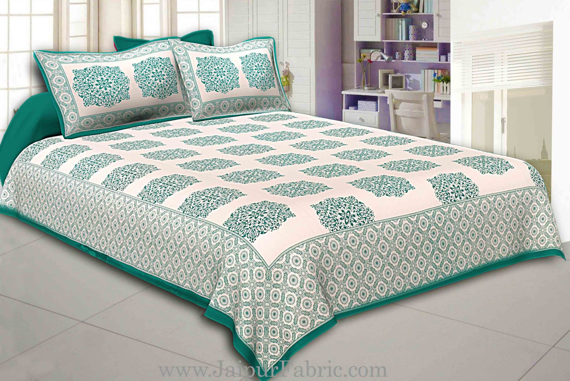 Green Border With big Boota Super fine cotton Double bedsheet