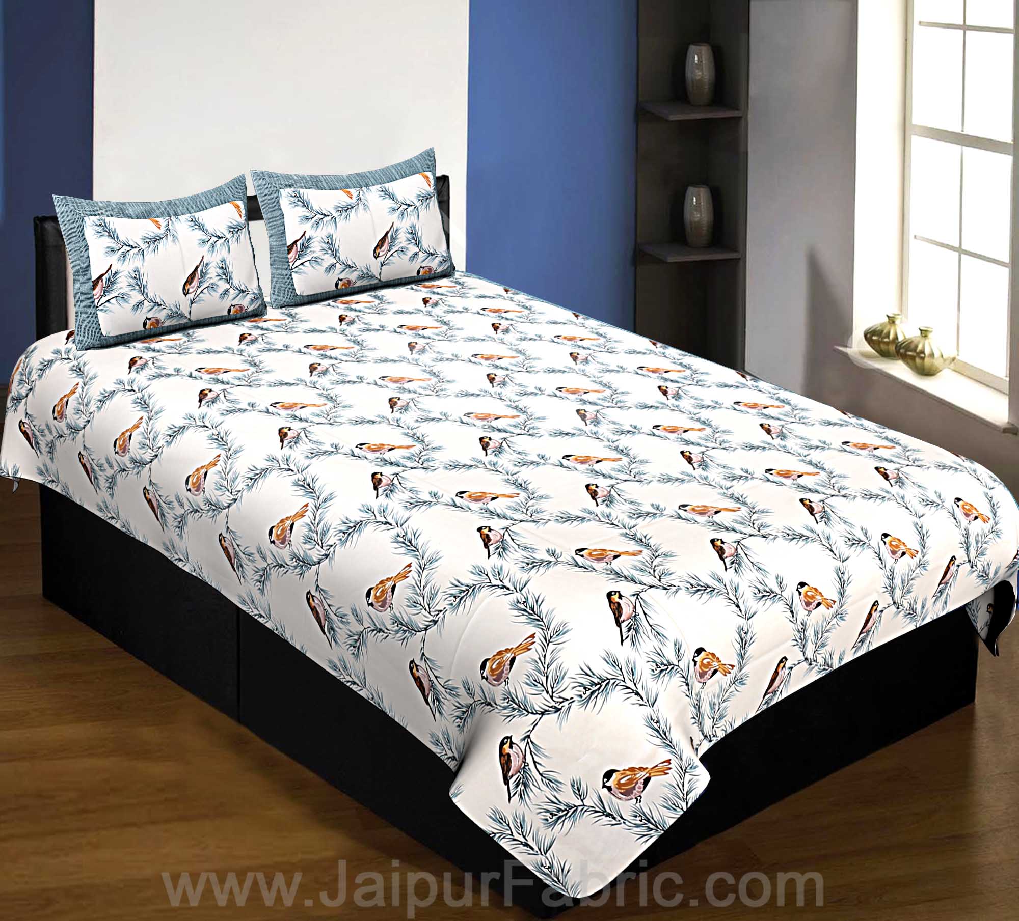 Pure Cotton 240 TC Single Bedsheet indian bird print blue taxable